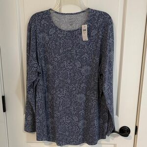 J Jill NWT Size XL Pure Jill Long Sleeve Blue Print Shirttail Tee